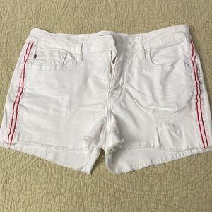 White cutoff shorts with red striping down the side! Size 28 with 3” inseam!